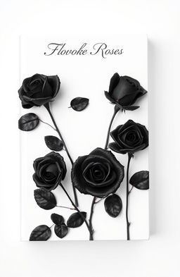A striking book cover featuring black roses artistically arranged against a pure white background