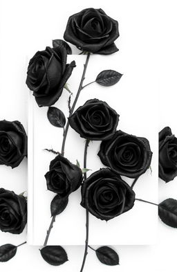 A striking book cover featuring black roses artistically arranged against a pure white background