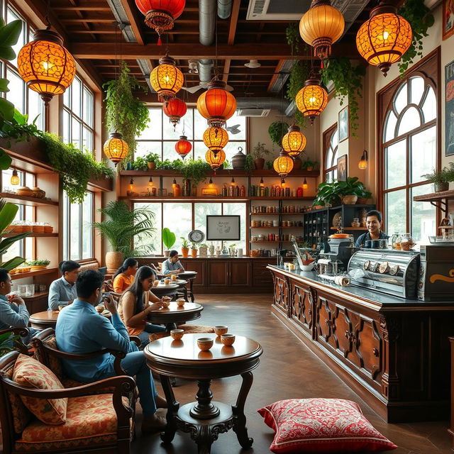 A vibrant and inviting chai shop with a spacious layout, featuring intricately designed wooden furniture, colorful hanging lanterns, and lush greenery