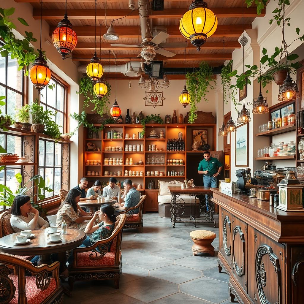 A vibrant and inviting chai shop with a spacious layout, featuring intricately designed wooden furniture, colorful hanging lanterns, and lush greenery