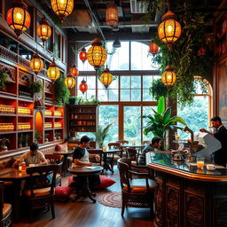 A vibrant and inviting chai shop with a spacious layout, featuring intricately designed wooden furniture, colorful hanging lanterns, and lush greenery