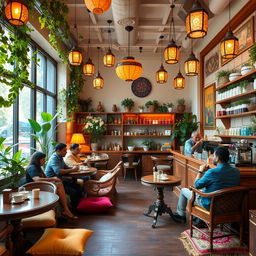 A vibrant and inviting chai shop with a spacious layout, featuring intricately designed wooden furniture, colorful hanging lanterns, and lush greenery