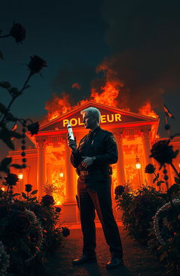 A dramatic scene depicting a police station engulfed in flames, with vivid orange and red hues of the fire contrasting against the dark night sky
