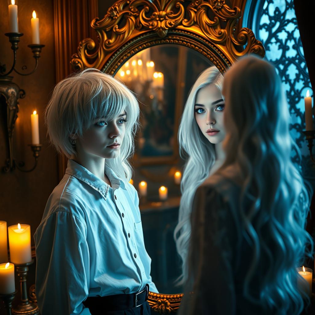A woman with white hair, disguised as a boy, stands in front of an elaborate mirror