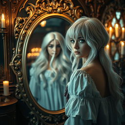 A woman with white hair, disguised as a boy, stands in front of an elaborate mirror