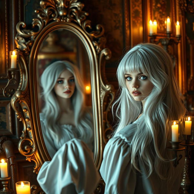 A woman with white hair, disguised as a boy, stands in front of an elaborate mirror