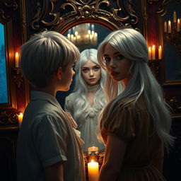 A woman with white hair, disguised as a boy, stands in front of an elaborate mirror