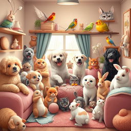 A cozy corner featuring a variety of adorable pets including fluffy dogs, playful cats, colorful birds, and charming rabbits