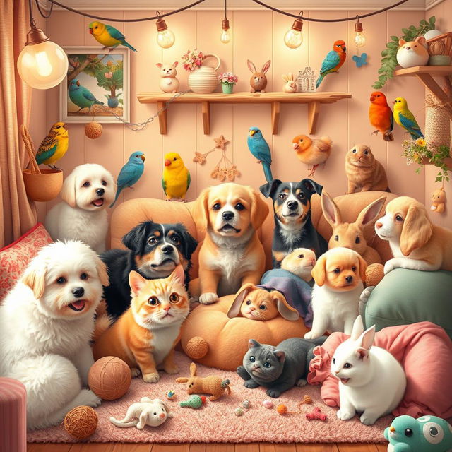 A cozy corner featuring a variety of adorable pets including fluffy dogs, playful cats, colorful birds, and charming rabbits