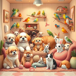 A cozy corner featuring a variety of adorable pets including fluffy dogs, playful cats, colorful birds, and charming rabbits