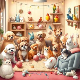 A cozy corner featuring a variety of adorable pets including fluffy dogs, playful cats, colorful birds, and charming rabbits