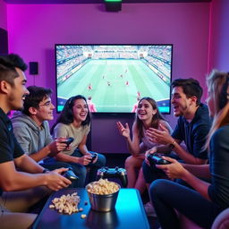 A dynamic scene of five young people intensely focused on a FIFA video game competition, gathered around a large screen displaying an exciting in-game match