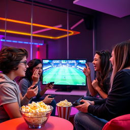 A dynamic scene of five young people intensely focused on a FIFA video game competition, gathered around a large screen displaying an exciting in-game match