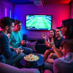 A dynamic scene of five young people intensely focused on a FIFA video game competition, gathered around a large screen displaying an exciting in-game match