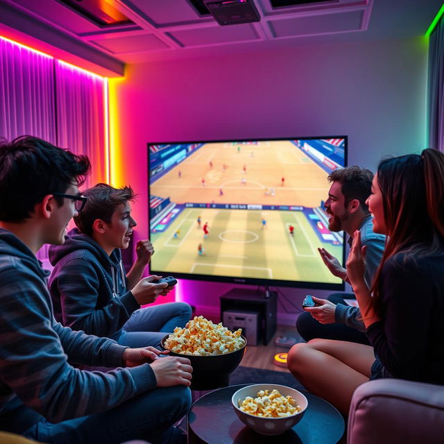 A dynamic scene of five young people intensely focused on a FIFA video game competition, gathered around a large screen displaying an exciting in-game match