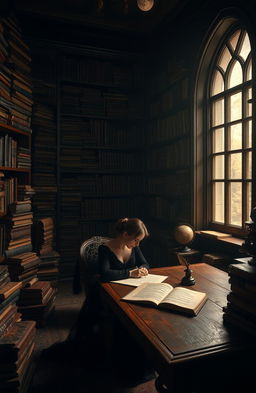 A dark academia themed poem setting featuring a vintage library bathed in soft, dim lighting