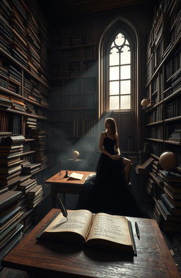 A dark academia themed poem setting featuring a vintage library bathed in soft, dim lighting