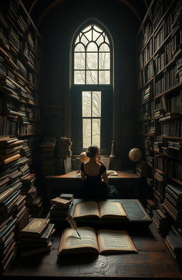 A dark academia themed poem setting featuring a vintage library bathed in soft, dim lighting