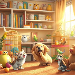 A vibrant and inviting scene depicting a cozy corner dedicated to pets, featuring a variety of furry and feathered animals enjoying playful antics