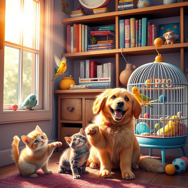 A vibrant and inviting scene depicting a cozy corner dedicated to pets, featuring a variety of furry and feathered animals enjoying playful antics