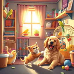 A vibrant and inviting scene depicting a cozy corner dedicated to pets, featuring a variety of furry and feathered animals enjoying playful antics