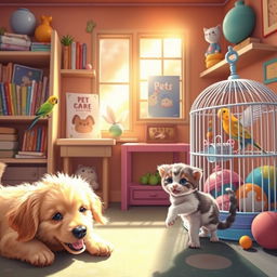 A vibrant and inviting scene depicting a cozy corner dedicated to pets, featuring a variety of furry and feathered animals enjoying playful antics
