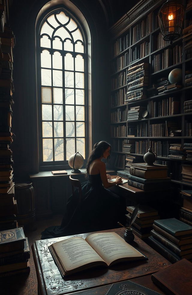 A dark academia themed poem setting featuring a vintage library bathed in soft, dim lighting