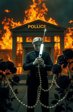 A surreal scene depicting a police station engulfed in flames, bright orange and yellow flames licking up the sides of the building