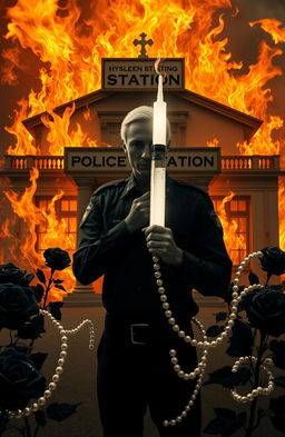A surreal scene depicting a police station engulfed in flames, bright orange and yellow flames licking up the sides of the building