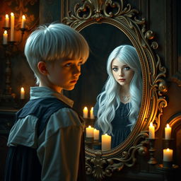A woman with short white hair, disguised as a boy, stands in front of an ornate mirror