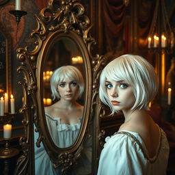 A woman with short white hair, disguised as a boy, stands in front of an ornate mirror