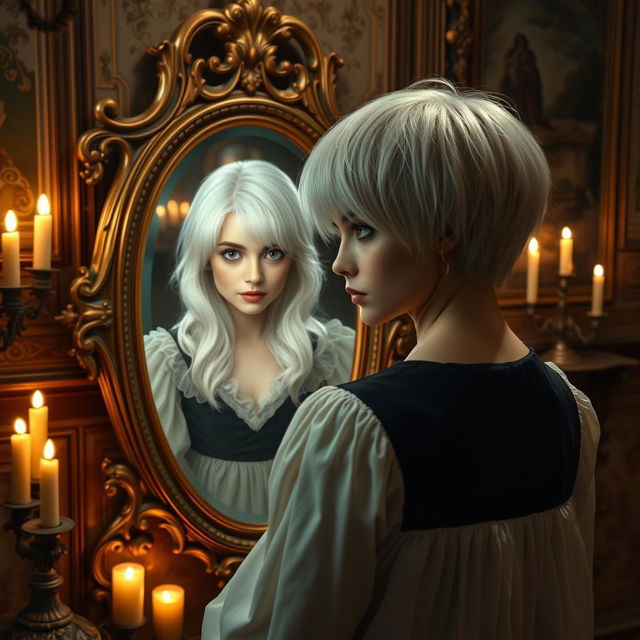 A woman with short white hair, disguised as a boy, stands in front of an ornate mirror