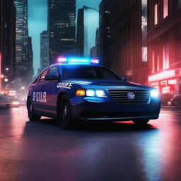 A high-resolution digital art image featuring a sleek, modern police car