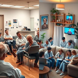 A split image depicting two contrasting scenes: on the left side, a medical office waiting room with a group of unhappy patients sitting in chairs, expressing frustration as they wait for their doctor; on the right side, a cozy home environment where a group of happy people are using telehealth technology, engaged with their healthcare providers on screens, smiling and relaxed
