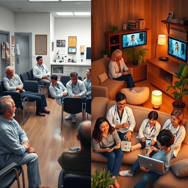 A split image depicting two contrasting scenes: on the left side, a medical office waiting room with a group of unhappy patients sitting in chairs, expressing frustration as they wait for their doctor; on the right side, a cozy home environment where a group of happy people are using telehealth technology, engaged with their healthcare providers on screens, smiling and relaxed