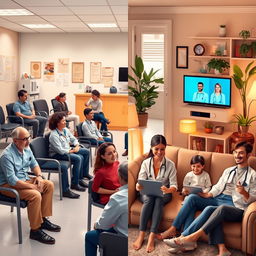 A split image depicting two contrasting scenes: on the left side, a medical office waiting room with a group of unhappy patients sitting in chairs, expressing frustration as they wait for their doctor; on the right side, a cozy home environment where a group of happy people are using telehealth technology, engaged with their healthcare providers on screens, smiling and relaxed