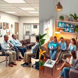 A split image depicting two contrasting scenes: on the left side, a medical office waiting room with a group of unhappy patients sitting in chairs, expressing frustration as they wait for their doctor; on the right side, a cozy home environment where a group of happy people are using telehealth technology, engaged with their healthcare providers on screens, smiling and relaxed