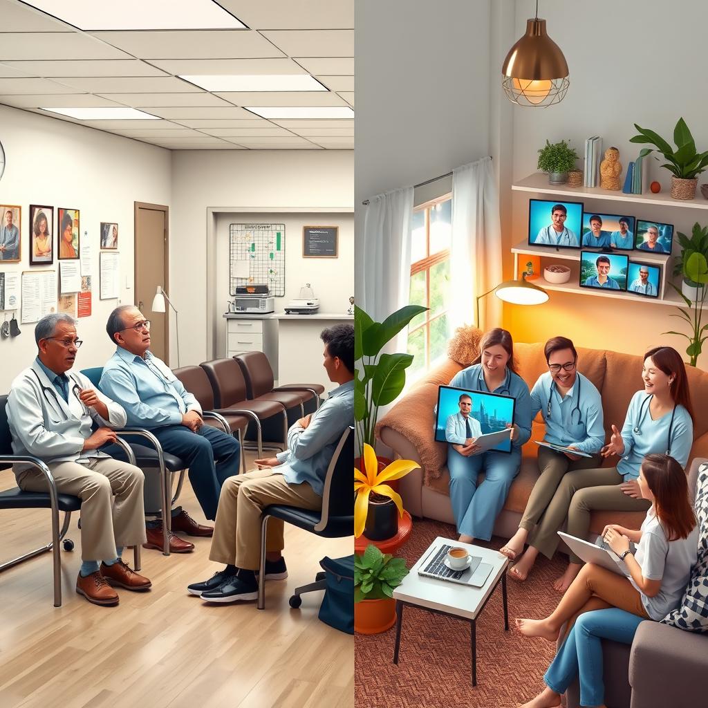 A split image depicting two contrasting scenes: on the left side, a medical office waiting room with a group of unhappy patients sitting in chairs, expressing frustration as they wait for their doctor; on the right side, a cozy home environment where a group of happy people are using telehealth technology, engaged with their healthcare providers on screens, smiling and relaxed