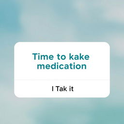 A mobile app reminder screen that displays a prominent notification stating 'Time to take your medication' in bold, easily readable text