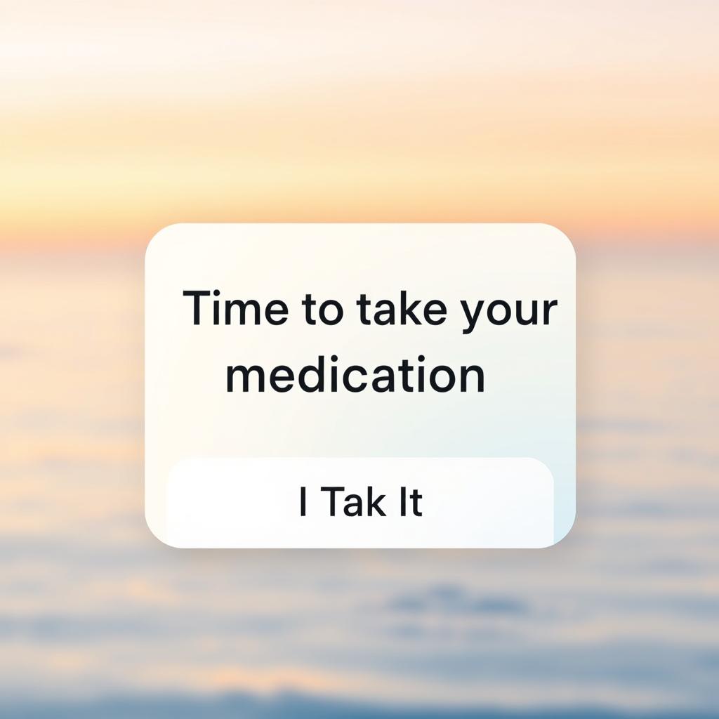 A mobile app reminder screen that displays a prominent notification stating 'Time to take your medication' in bold, easily readable text