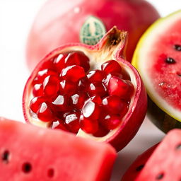 A vibrant composition featuring a freshly cut pomegranate and a slice of watermelon rind