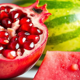 A vibrant composition featuring a freshly cut pomegranate and a slice of watermelon rind