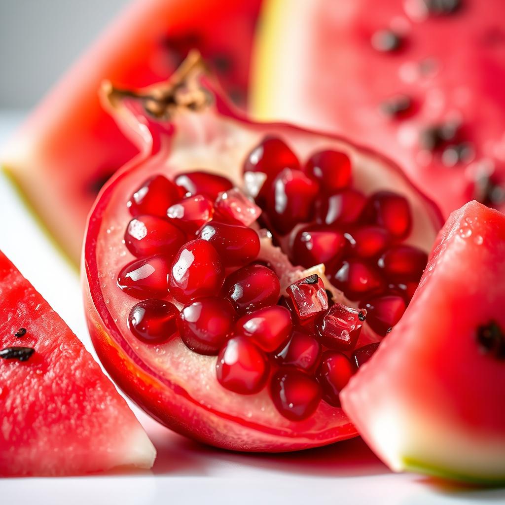 A vibrant composition featuring a freshly cut pomegranate and a slice of watermelon rind