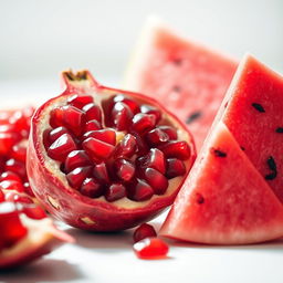 A vibrant composition featuring a freshly cut pomegranate and a slice of watermelon rind