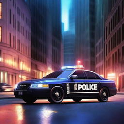 A high-resolution digital art image featuring a sleek, modern police car