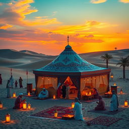 An Arab camp scene with a beautifully detailed traditional tent, known as the amir's tent, adorned with intricate patterns and bold colors