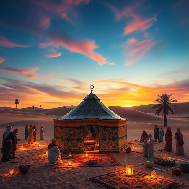 An Arab camp scene with a beautifully detailed traditional tent, known as the amir's tent, adorned with intricate patterns and bold colors