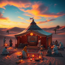An Arab camp scene with a beautifully detailed traditional tent, known as the amir's tent, adorned with intricate patterns and bold colors