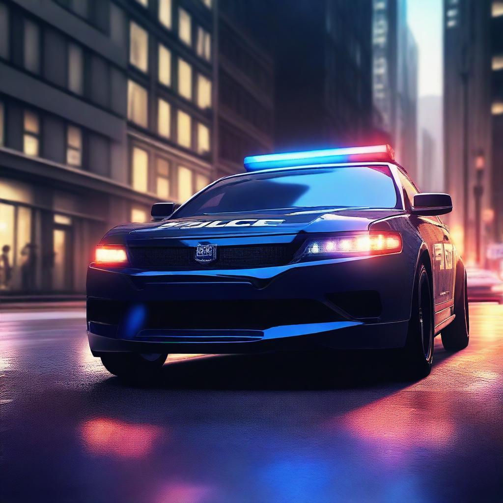 A high-resolution digital art image featuring a sleek, modern police car