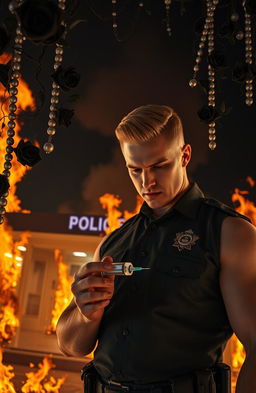 A dramatic scene featuring a police station engulfed in flames, with vivid orange and yellow fire contrasting against the darkened night sky